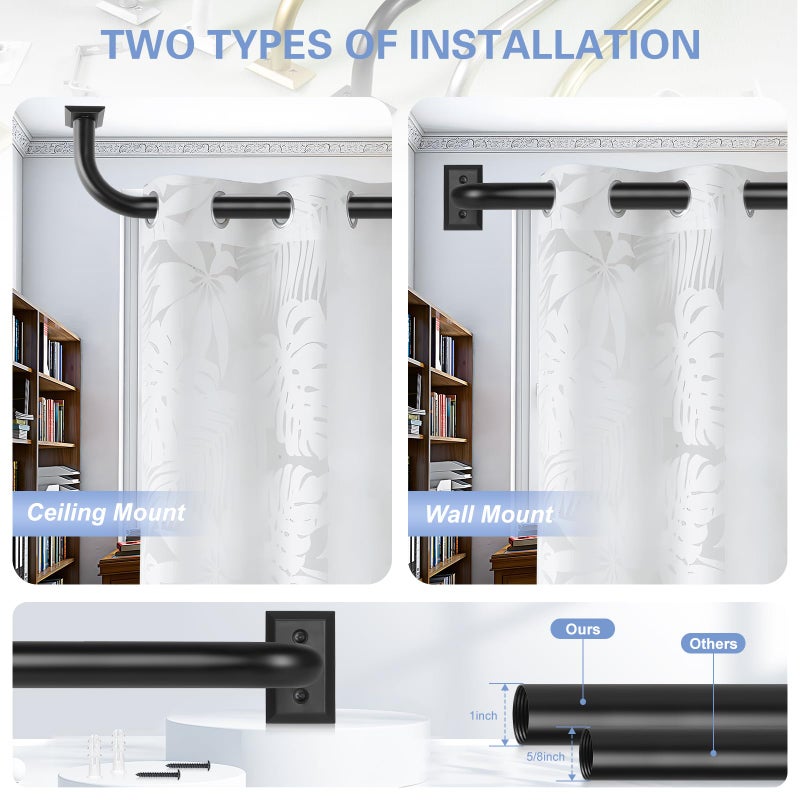 TANGWIN Black Wrap Around Curtain Rods 66 to 120:Blackout Heavy Duty Adjustable Long Window Curtain Rod Room Darkening Modern Industrial Curved French Return Metal Drapery Rod Easy Install Matte Black - Image 4