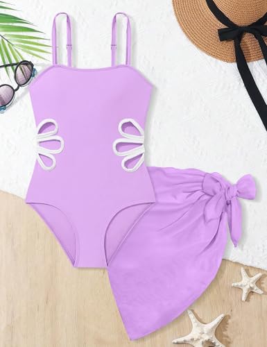 TALLWH Girls Swimsuits Size 10-12, Adjustable Straps Cut Out One Piece Swimsuit with Solid Color Cover Up Skirt Girls Bathing Suits Size 10-12 - Image 4