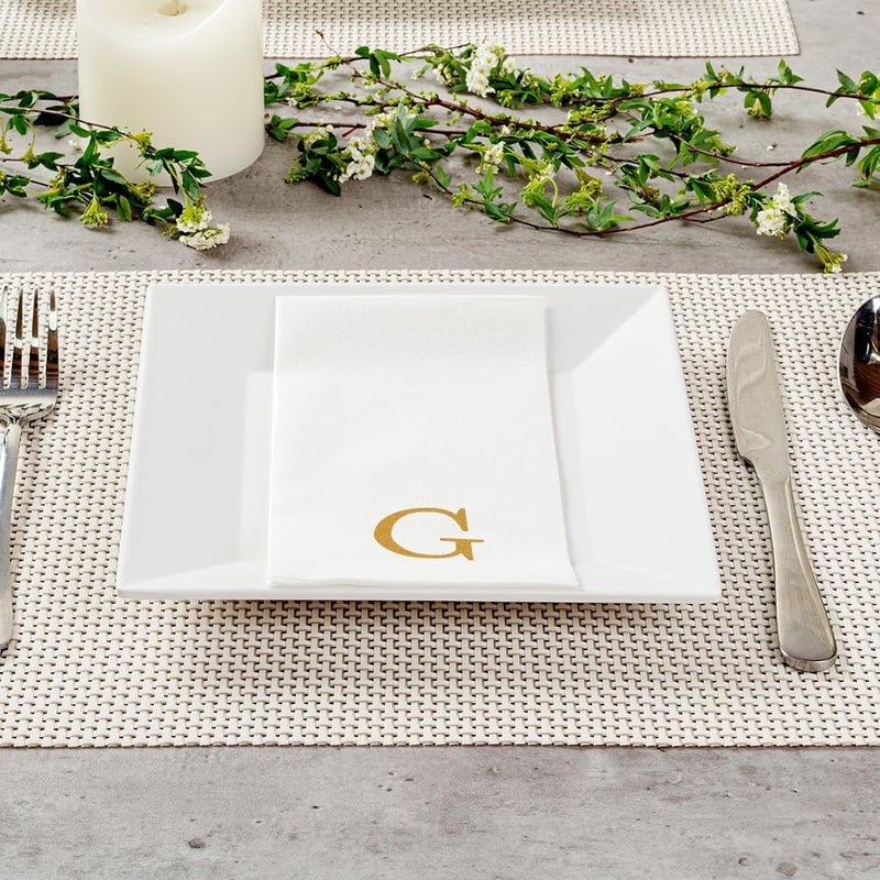 Restaurantware مناديل ضيوف لينين فيل 158 × 79 بوصة من لوكسيناب 50 مناديل يد مطبوعة بحرف ذهبي "G" بخط سانس سيريف مناديل ورقية بيضاء لتناول الطعام للحمامات والطاولات من رستورانتوير - Image 4