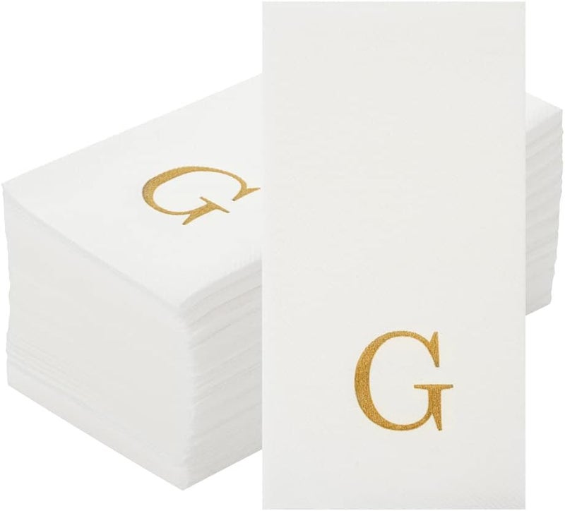 Restaurantware مناديل ضيوف لينين فيل 158 × 79 بوصة من لوكسيناب 50 مناديل يد مطبوعة بحرف ذهبي "G" بخط سانس سيريف مناديل ورقية بيضاء لتناول الطعام للحمامات والطاولات من رستورانتوير - Image 2