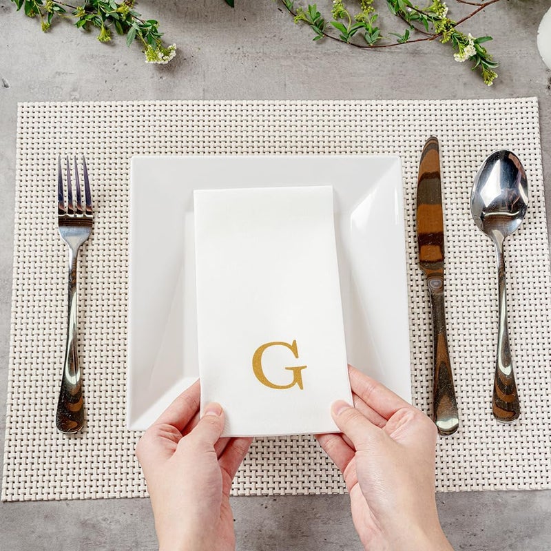 Restaurantware مناديل ضيوف لينين فيل 158 × 79 بوصة من لوكسيناب 50 مناديل يد مطبوعة بحرف ذهبي "G" بخط سانس سيريف مناديل ورقية بيضاء لتناول الطعام للحمامات والطاولات من رستورانتوير - Image 5