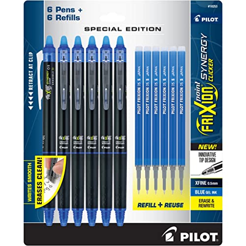 PILOT FriXion Synergy Clicker Erasable, Refillable, Retractable Gel Ink Pens, Extra Fine Point 0.5 mm, Pack of 12, Blue, FriXion Erasable Pens 0.5 - Ideal for School & Office Writing - Image 1