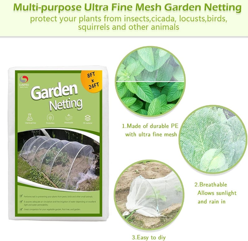 SUN PRO Garden Netting Kit, 8x24Ft Ultra Fine Mesh Netting Pest Barrier with 6Pcs Fiberglass Garden Hoops, Bird Netting for Garden Protection for Fruit Vegetable Flowers Greenhouse Row Cover - Image 3