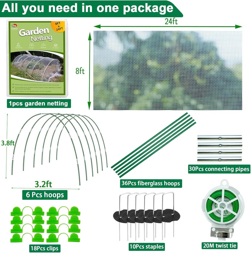 SUN PRO Garden Netting Kit, 8x24Ft Ultra Fine Mesh Netting Pest Barrier with 6Pcs Fiberglass Garden Hoops, Bird Netting for Garden Protection for Fruit Vegetable Flowers Greenhouse Row Cover - Image 2