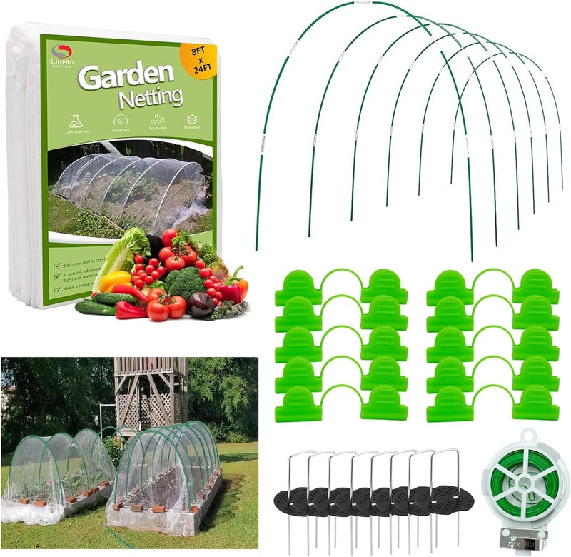 SUN PRO Garden Netting Kit, 8x24Ft Ultra Fine Mesh Netting Pest Barrier with 6Pcs Fiberglass Garden Hoops, Bird Netting for Garden Protection for Fruit Vegetable Flowers Greenhouse Row Cover - Image 1