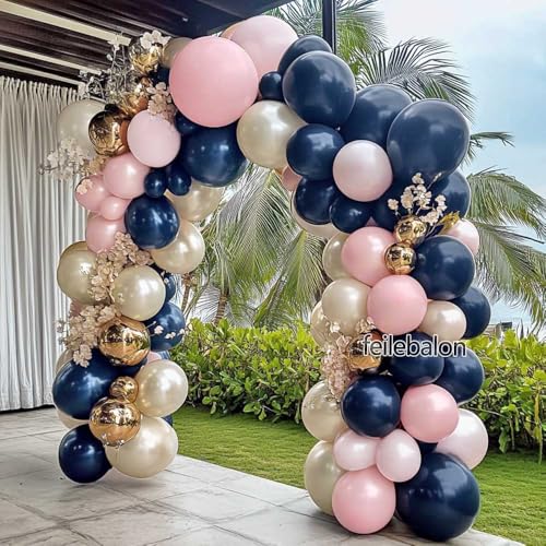 feilebalon Navy Blue Pink Gold Balloon Arch Kit Double Stuffed Dark Blue Pastel Light Pale Pink White Sand Pearl Balloon Garland for Birthday Baby Shower Gender Reveal Wedding Graduation Party Decoration - Image 5