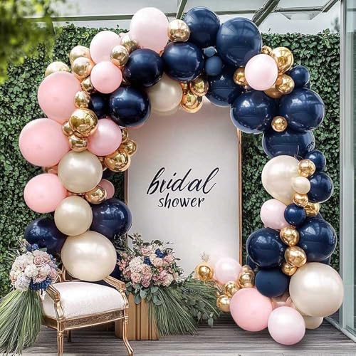 feilebalon Navy Blue Pink Gold Balloon Arch Kit Double Stuffed Dark Blue Pastel Light Pale Pink White Sand Pearl Balloon Garland for Birthday Baby Shower Gender Reveal Wedding Graduation Party Decoration - Image 1