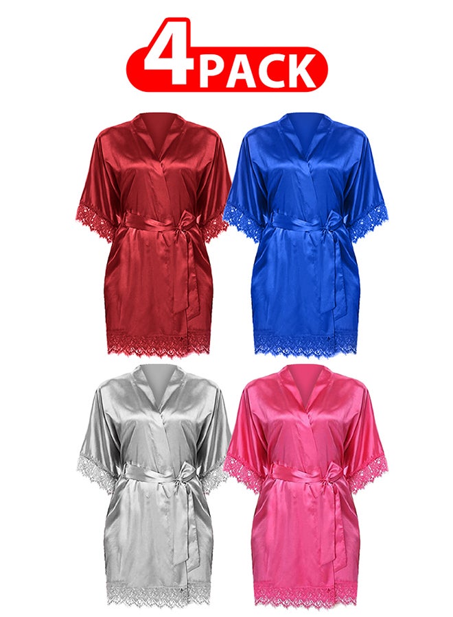 MARGOUN 4 Pack Large Size Women Satin Robe Belted Silky Robe Sleepwear Bridal Robe Kimono Lace Sleeve Nightgown /L(bust:84-88/waist:68-72) - Image 1