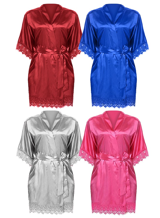 MARGOUN 4 Pack Large Size Women Satin Robe Belted Silky Robe Sleepwear Bridal Robe Kimono Lace Sleeve Nightgown /L(bust:84-88/waist:68-72) - Image 3