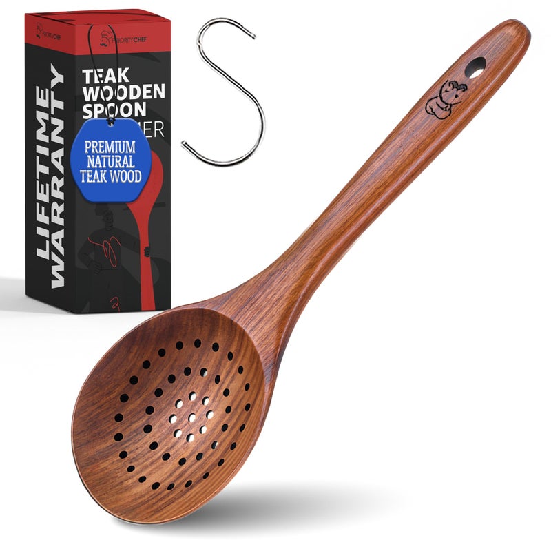 Priority Chef PriorityChef Wooden Slotted Spoon - Premium Teak Cooking Utensil for Frying, Straining & Serving - Long Handle Kitchen Spoon for Nonstick Cookware - Handcrafted Durable Wood - Image 1