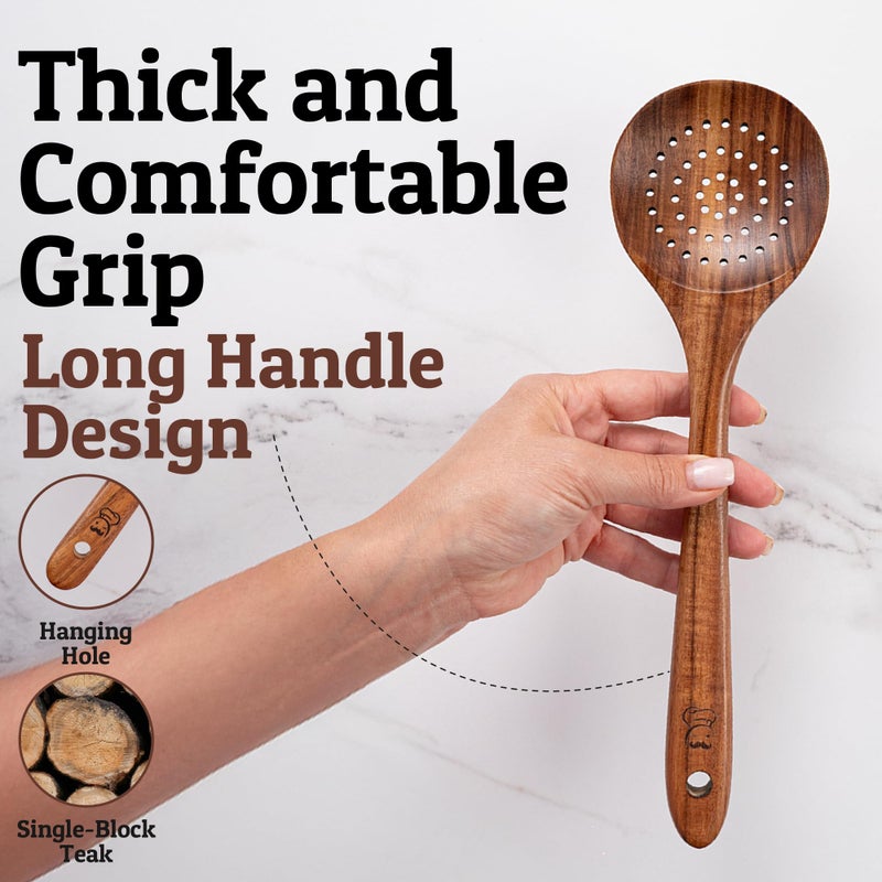 Priority Chef PriorityChef Wooden Slotted Spoon - Premium Teak Cooking Utensil for Frying, Straining & Serving - Long Handle Kitchen Spoon for Nonstick Cookware - Handcrafted Durable Wood - Image 3