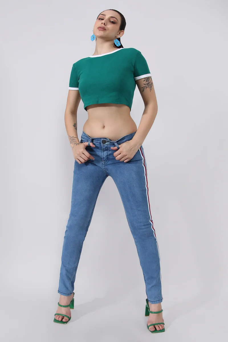 Pinacolada  Women's Blue Contrast Pencil Side-Striped Denim Jeans for Women | Best Price UAE