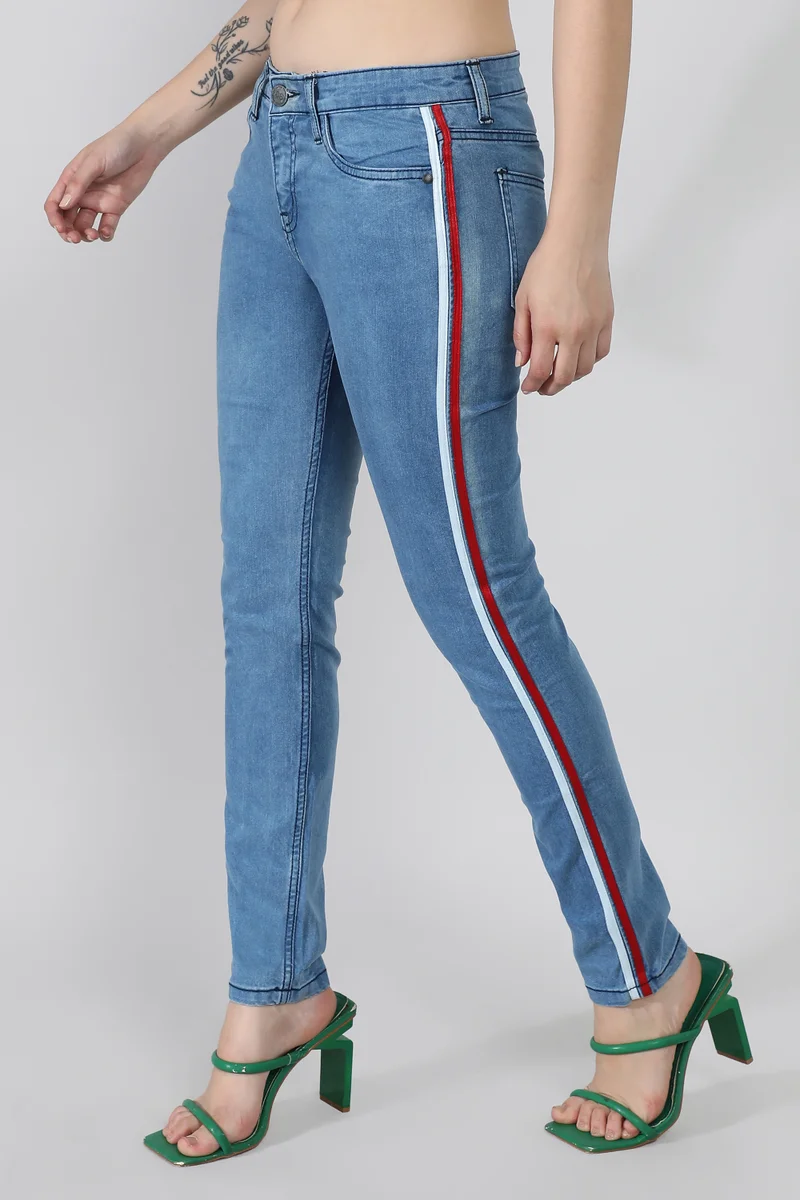 Pinacolada  Women's Blue Contrast Pencil Side-Striped Denim Jeans for Women | Best Price UAE