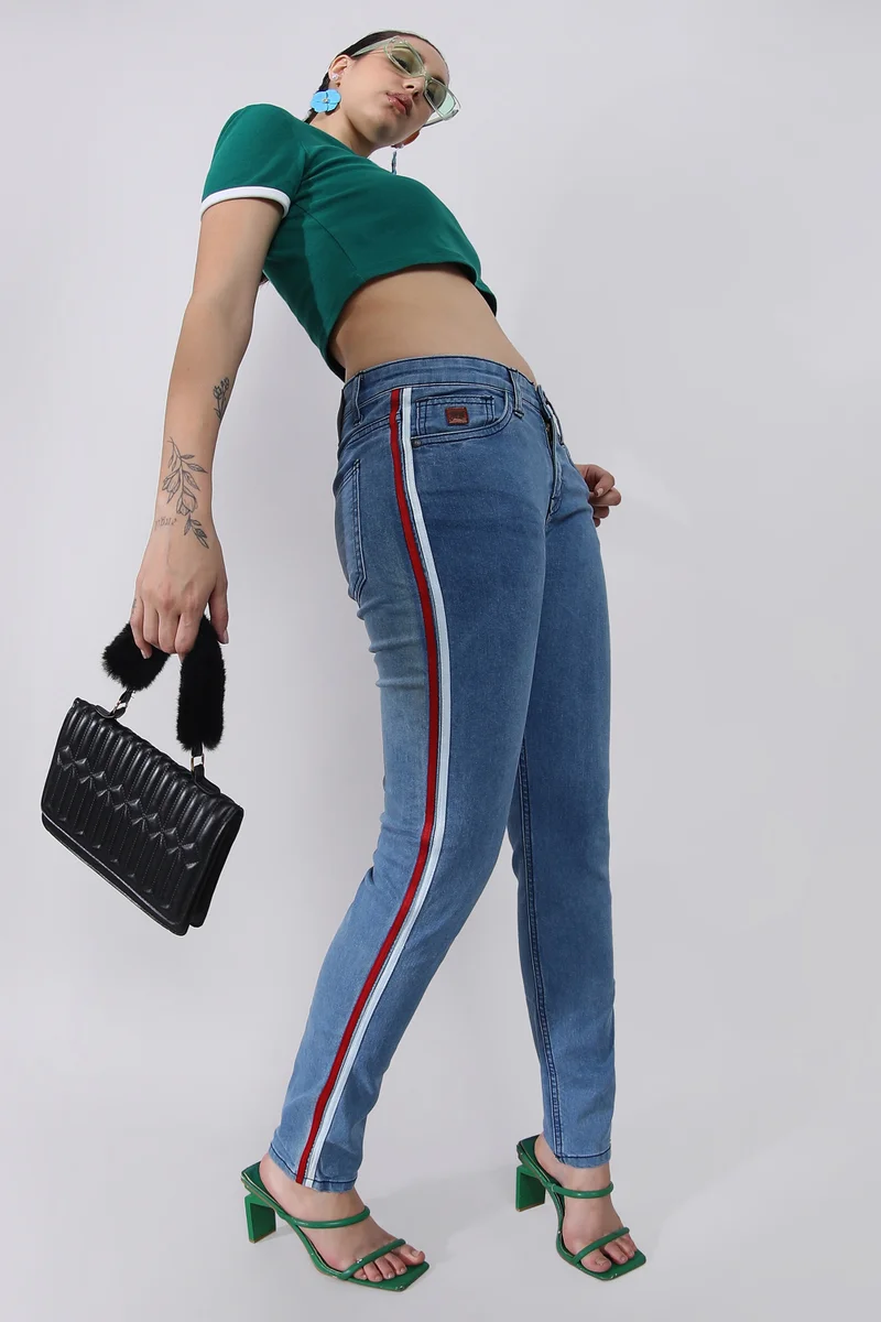 Pinacolada  Women's Blue Contrast Pencil Side-Striped Denim Jeans for Women | Best Price UAE