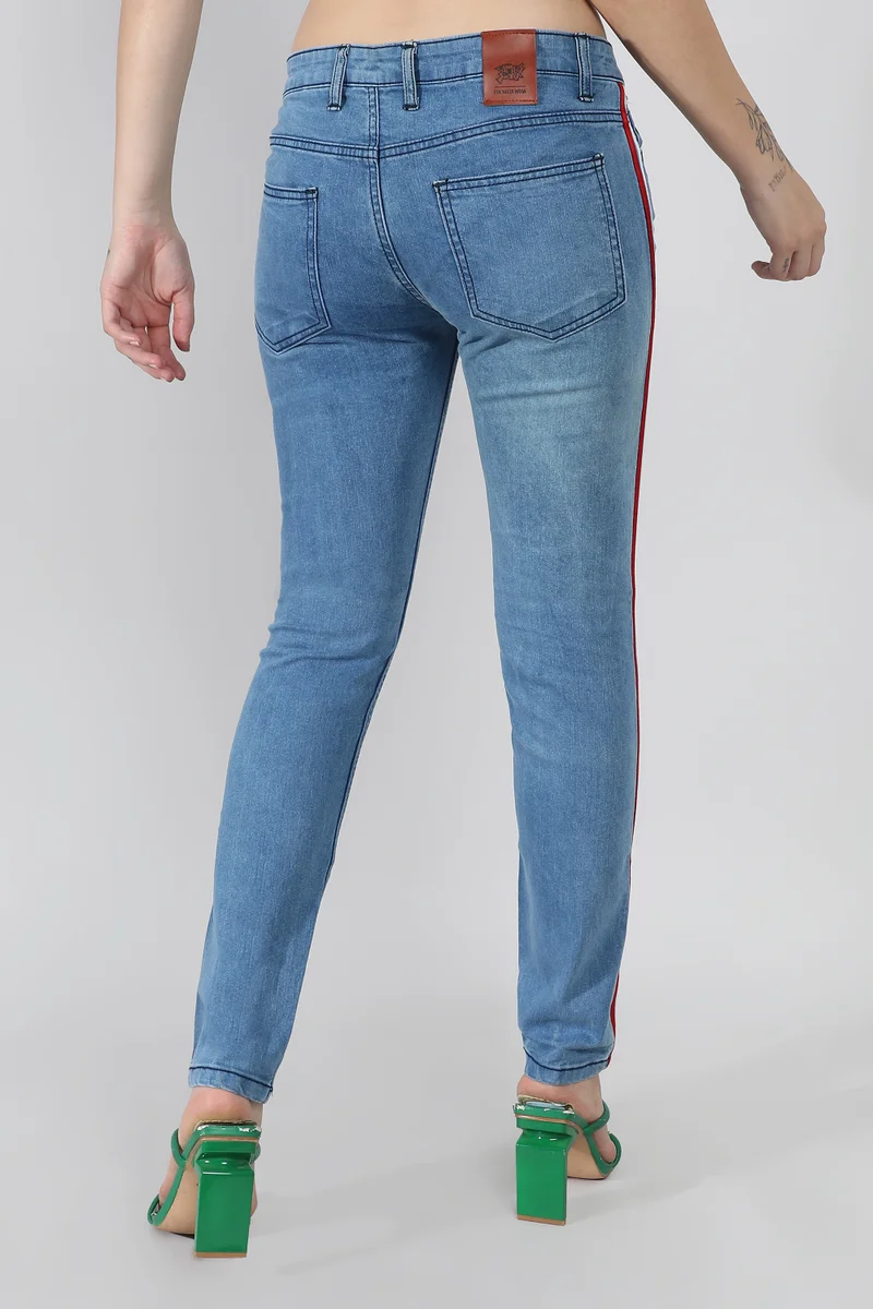 Pinacolada  Women's Blue Contrast Pencil Side-Striped Denim Jeans for Women | Best Price UAE