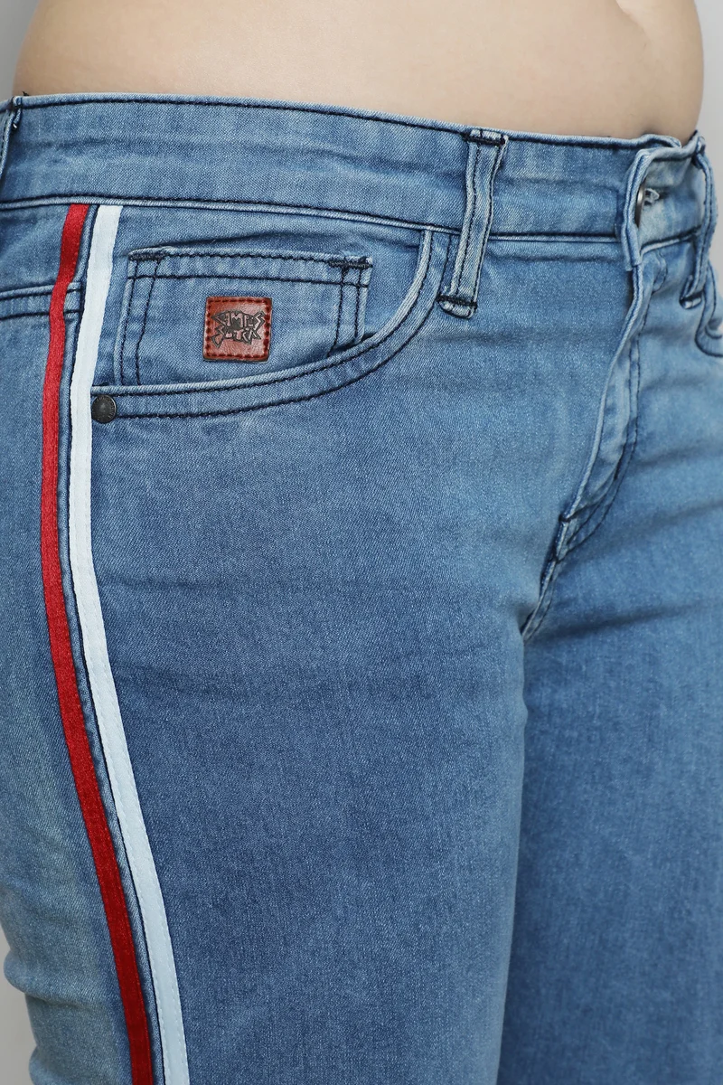 Pinacolada  Women's Blue Contrast Pencil Side-Striped Denim Jeans for Women | Best Price UAE