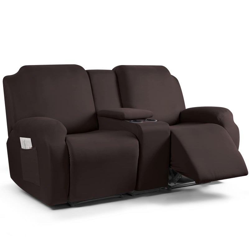 TAOCOCO Reclining Loveseat with Middle Console Slipcover  4 Piece Polyester Fabric Stretch Loveseat Reclining Sofa Covers (Coffee  2 Seat Recliner Cover with Console) - Image 1