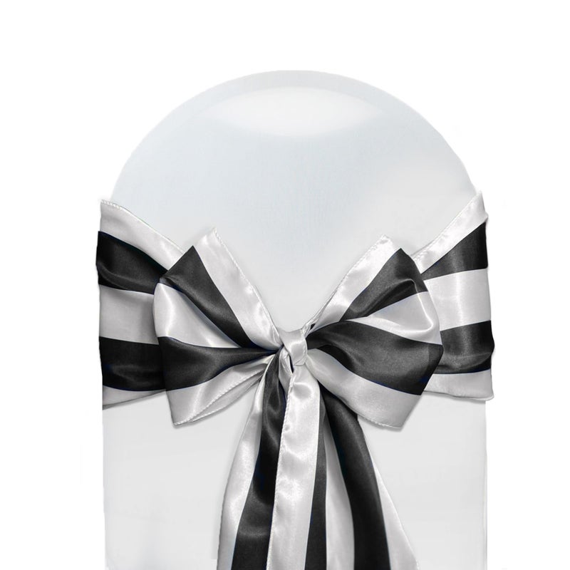 YOUR CHAIR COVERS - Satin Sashes Black/White Striped (Pack of 10), Chair Sashes for Weddings, Events, Hotels and Catering Services - Image 1