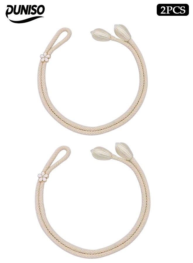 DUNISO 2 قطع ربطات ستائر، حبل قطن لربط الستائر مع مشبك زهور قابل للتعديل، شكل بسيط وجوي، عملي وأنيق، مناسب لستائر غرفة المعيشة وغرفة النوم، 50 سم، أبيض فاتح - Image 1