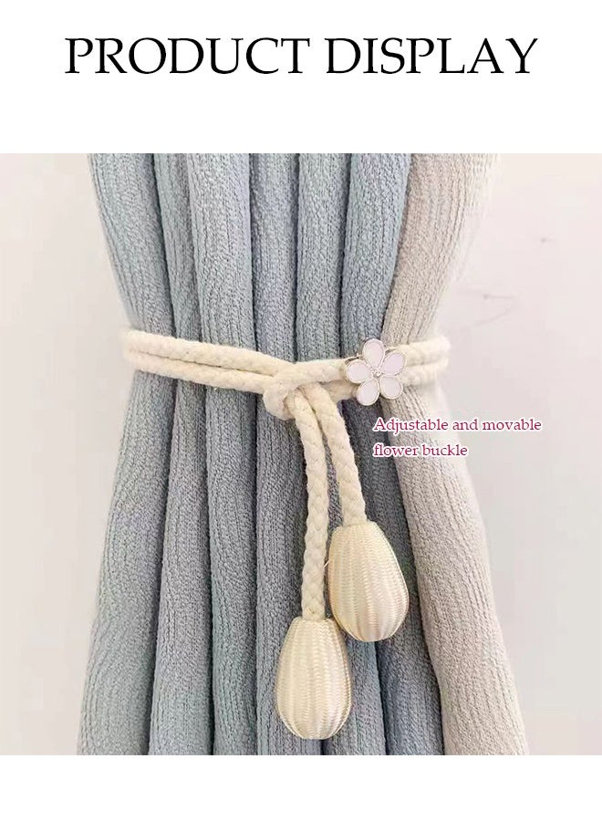 DUNISO 2 قطع ربطات ستائر، حبل قطن لربط الستائر مع مشبك زهور قابل للتعديل، شكل بسيط وجوي، عملي وأنيق، مناسب لستائر غرفة المعيشة وغرفة النوم، 50 سم، أبيض فاتح - Image 2