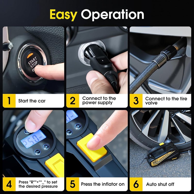 FLYKID 12V DC Tyre Inflator Air Compressor - 150 PSI Car Tyre Pump with LED Light & 3 Nozzle Adaptors - Image 5