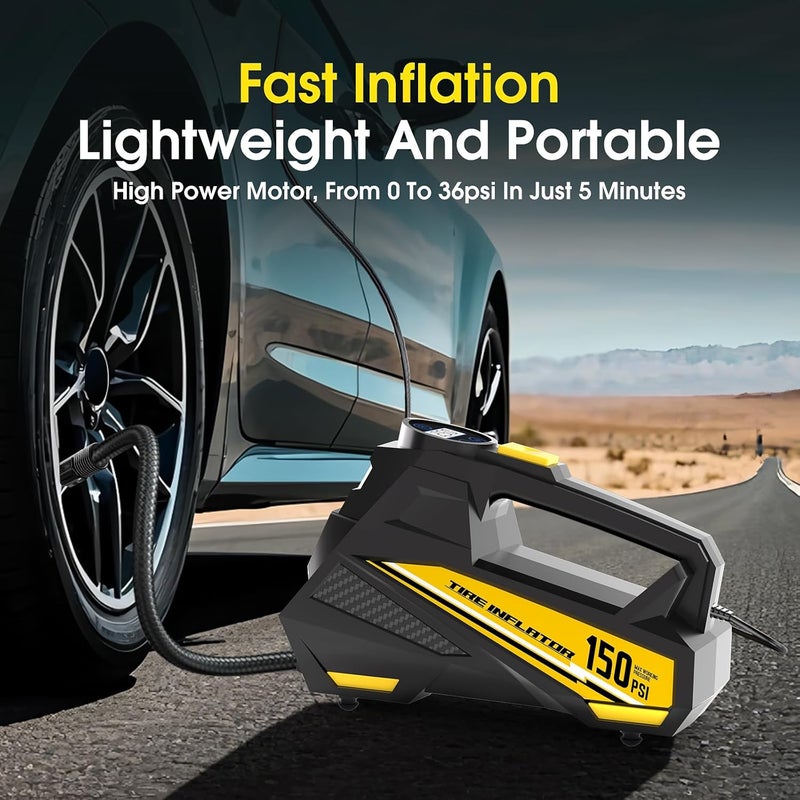 FLYKID 12V DC Tyre Inflator Air Compressor - 150 PSI Car Tyre Pump with LED Light & 3 Nozzle Adaptors - Image 2