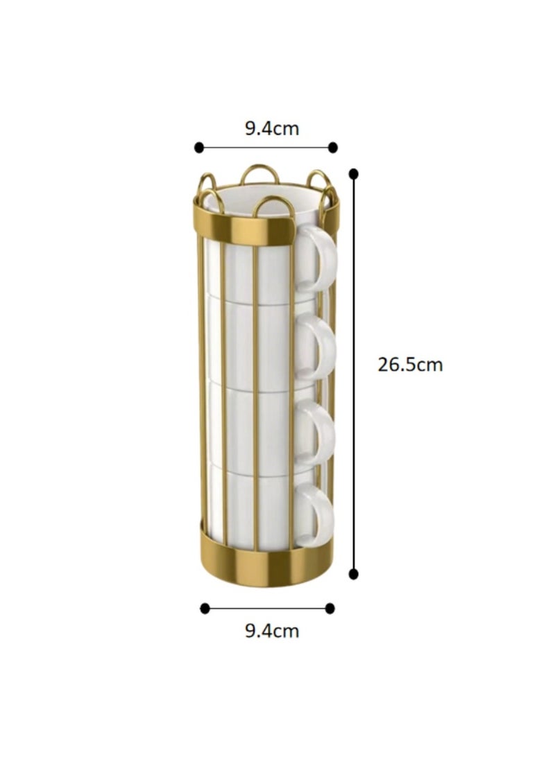 Smart Storage Stacking Mug & Stand Set with Gold Rack – Ceramic Coffee Cups Organizer. - Image 2
