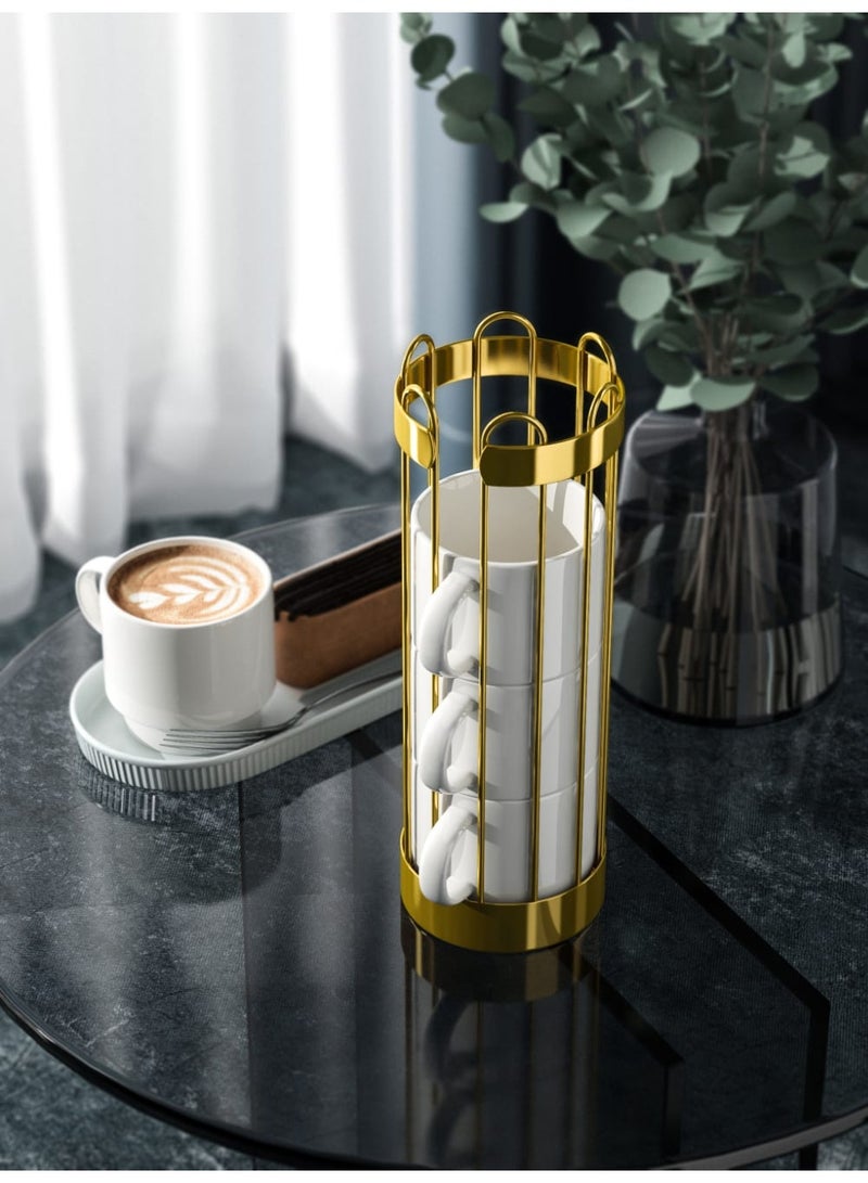 Smart Storage Stacking Mug & Stand Set with Gold Rack – Ceramic Coffee Cups Organizer. - Image 4