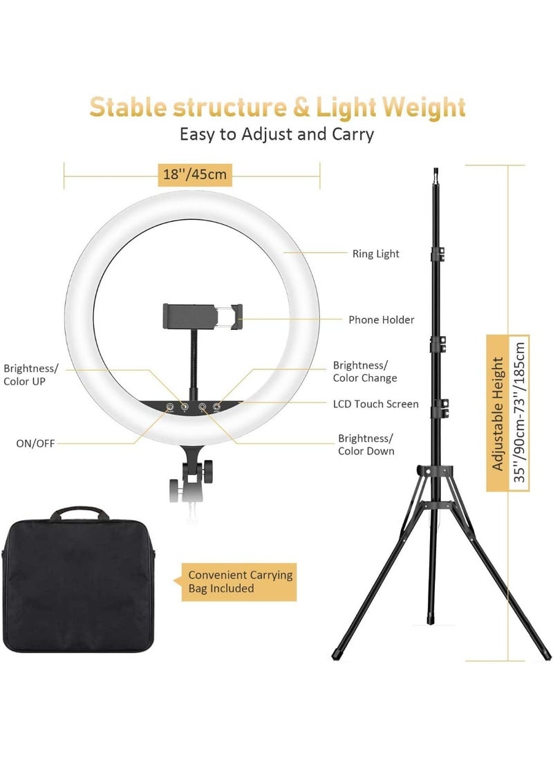 Generic 18 Inch LED Ring Light with Tripod Stand & Phone Holder – 3 Light Modes, 11 Brightness Levels (2700K-5500K) – Ideal for Makeup, TikTok, YouTube, and Photography  - Image 2