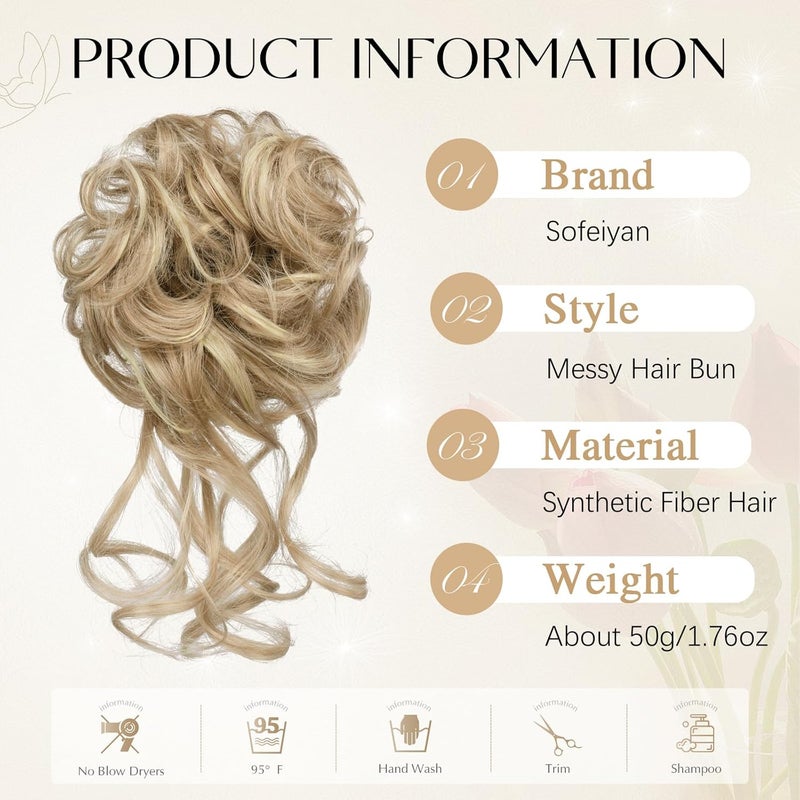 SOFEIYAN Messy Bun Hair Piece Curly Wavy Hair Bun Extensions Synthetic Tousled Updo with Tendrils Hairpieces Bun Donut Accessories Scrunchies for Women, Light Ash Brown Mix Bleach Blonde - Image 2
