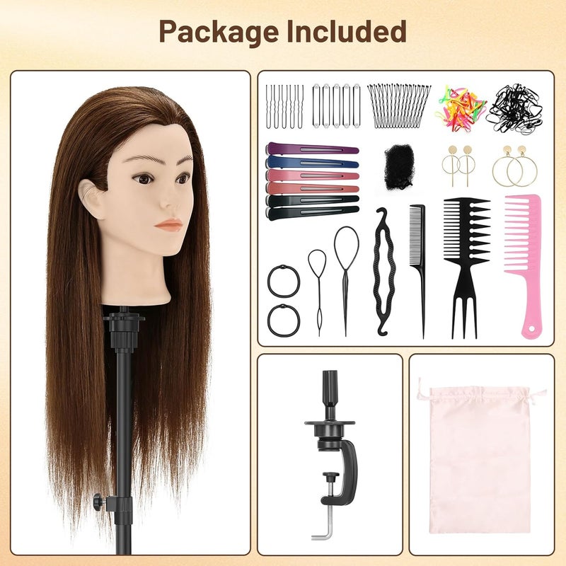 TwoWin Hairdressing Training Head with Pierced Ears, 24" 80% Real Hair Mannequin Head, Doll Head for Hair Braiding, Cutting & Styling Practice, Wig Styling Head With Clamp And Tools Set (Brown) - Image 4