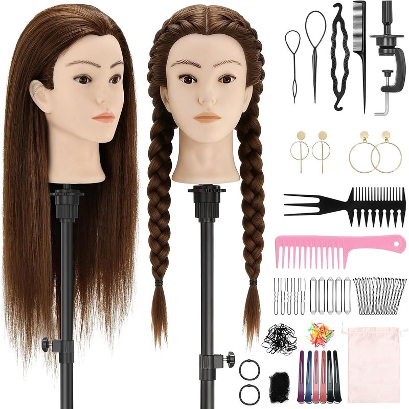 TwoWin Hairdressing Training Head with Pierced Ears, 24" 80% Real Hair Mannequin Head, Doll Head for Hair Braiding, Cutting & Styling Practice, Wig Styling Head With Clamp And Tools Set (Brown) - Image 1