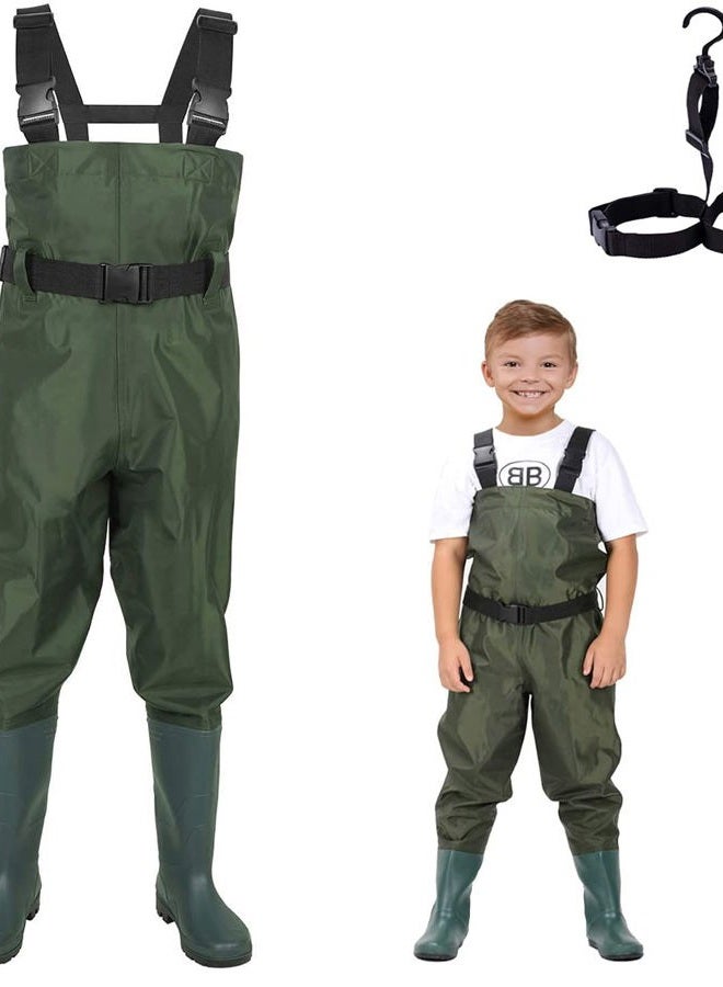 LANGXUN (12/13 Big kid) - Hip Waders for Kids, Lightweight and Breathable PVC Fishing Waders for Children, Waterproof Bootfoot Waders for Boy and Girl, Army Green Chest Waders for Kids - Image 1