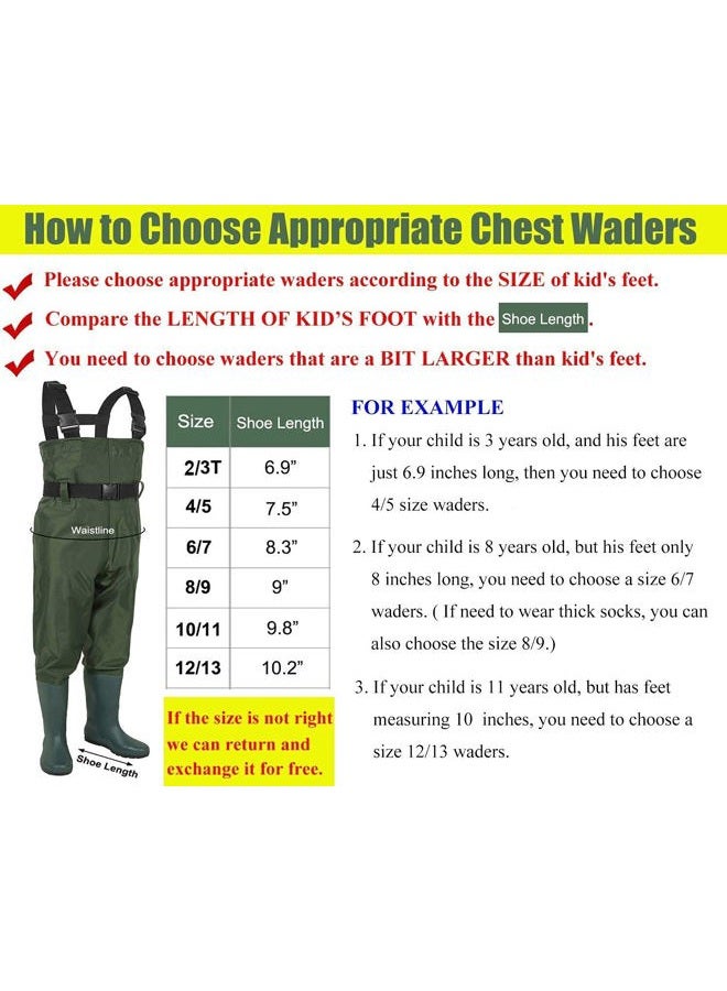 LANGXUN (12/13 Big kid) - Hip Waders for Kids, Lightweight and Breathable PVC Fishing Waders for Children, Waterproof Bootfoot Waders for Boy and Girl, Army Green Chest Waders for Kids - Image 5