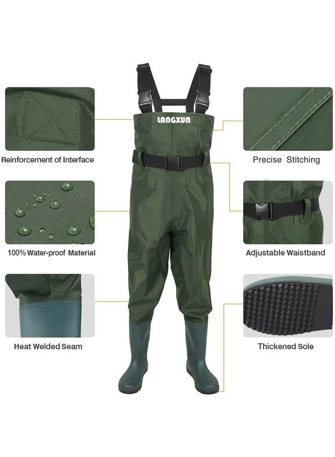 LANGXUN (12/13 Big kid) - Hip Waders for Kids, Lightweight and Breathable PVC Fishing Waders for Children, Waterproof Bootfoot Waders for Boy and Girl, Army Green Chest Waders for Kids - Image 3