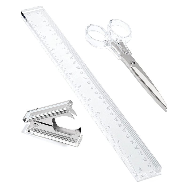 OfficeGoods 3 Piece Acrylic Desk Set Includes Ruler Staple Remover Scissors Functional Elegant Desk Accessories Stationary Tools for Home Office and School Silver