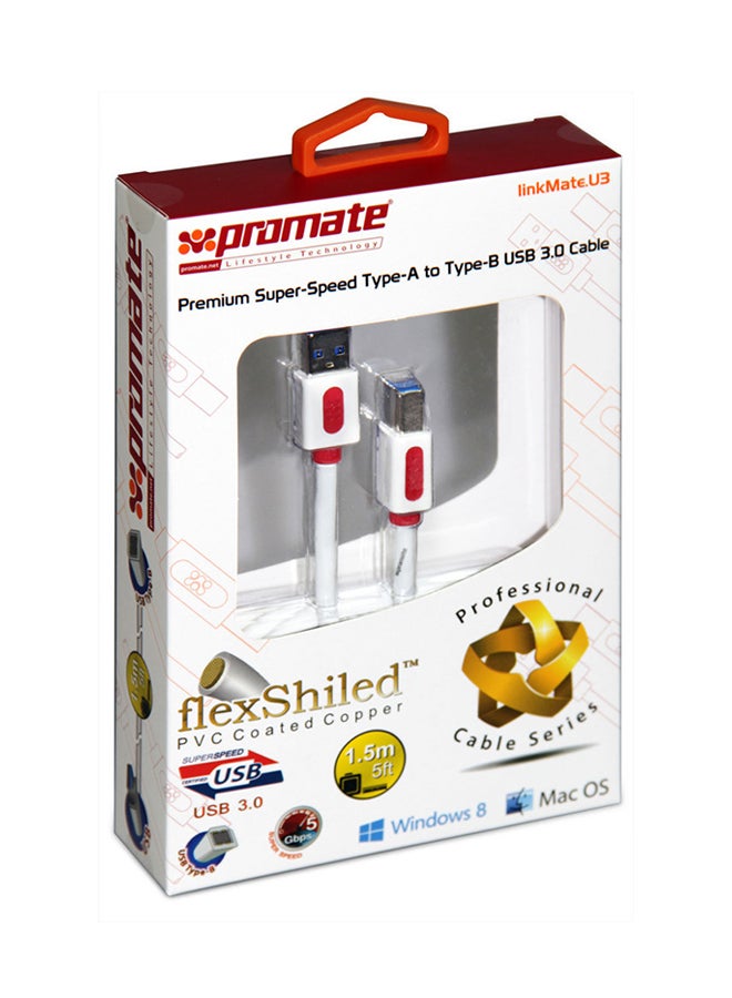 PROMATE High-Speed Type-A To Type-B USB 3.0 Cable For Printer, Scanner White - Image 4