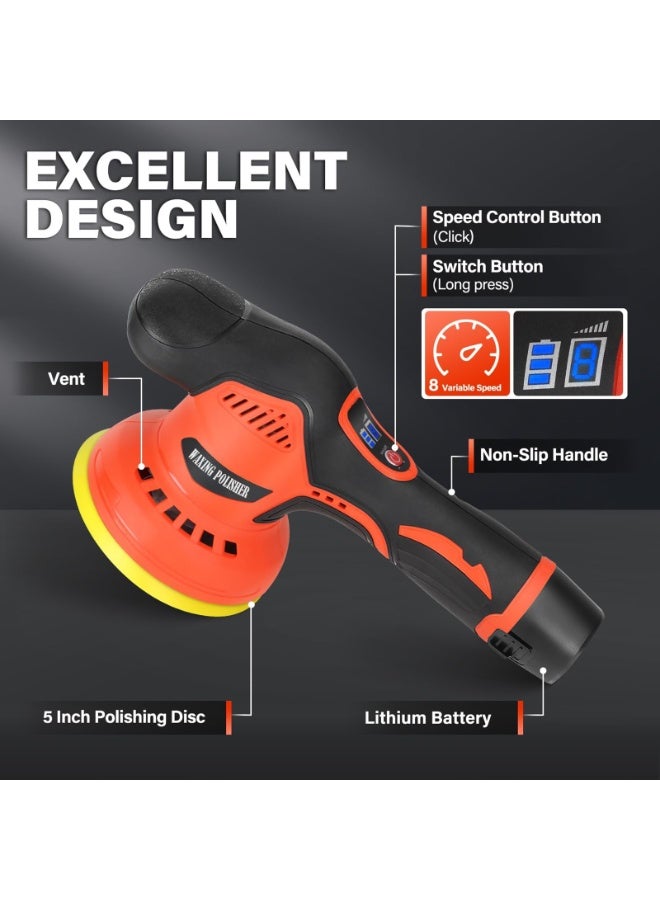 ZLH HITY جهاز تلميع السيارات اللاسلكي مع بطاريتين ليثيوم قابلة لإعادة الشحن 12 فولت، 8 سرعات متغيرة، 2800-5500 دورة في الدقيقة، جهاز تلميع بدون فرشاة مناسب لتلميع السيارات والقوارب، والتفاصيل، والتشميع، وإزالة الخدوش - Image 2
