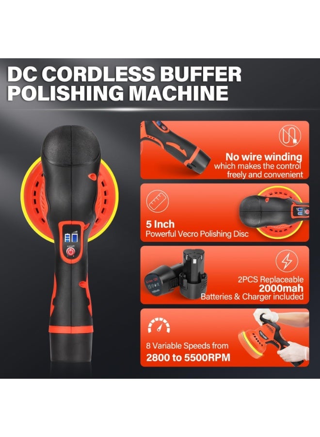 ZLH HITY جهاز تلميع السيارات اللاسلكي مع بطاريتين ليثيوم قابلة لإعادة الشحن 12 فولت، 8 سرعات متغيرة، 2800-5500 دورة في الدقيقة، جهاز تلميع بدون فرشاة مناسب لتلميع السيارات والقوارب، والتفاصيل، والتشميع، وإزالة الخدوش - Image 5