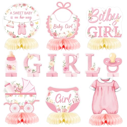 ANGOLIO 12Pcs Floral Sweet Baby Shower Party Honeycomb Centerpieces Spring Easter Gifts Sweet Baby Is On Her Way Baby Girl Party Table Decoration Pink Floral Girl Decor for Baptism Gender Reveal - Image 1