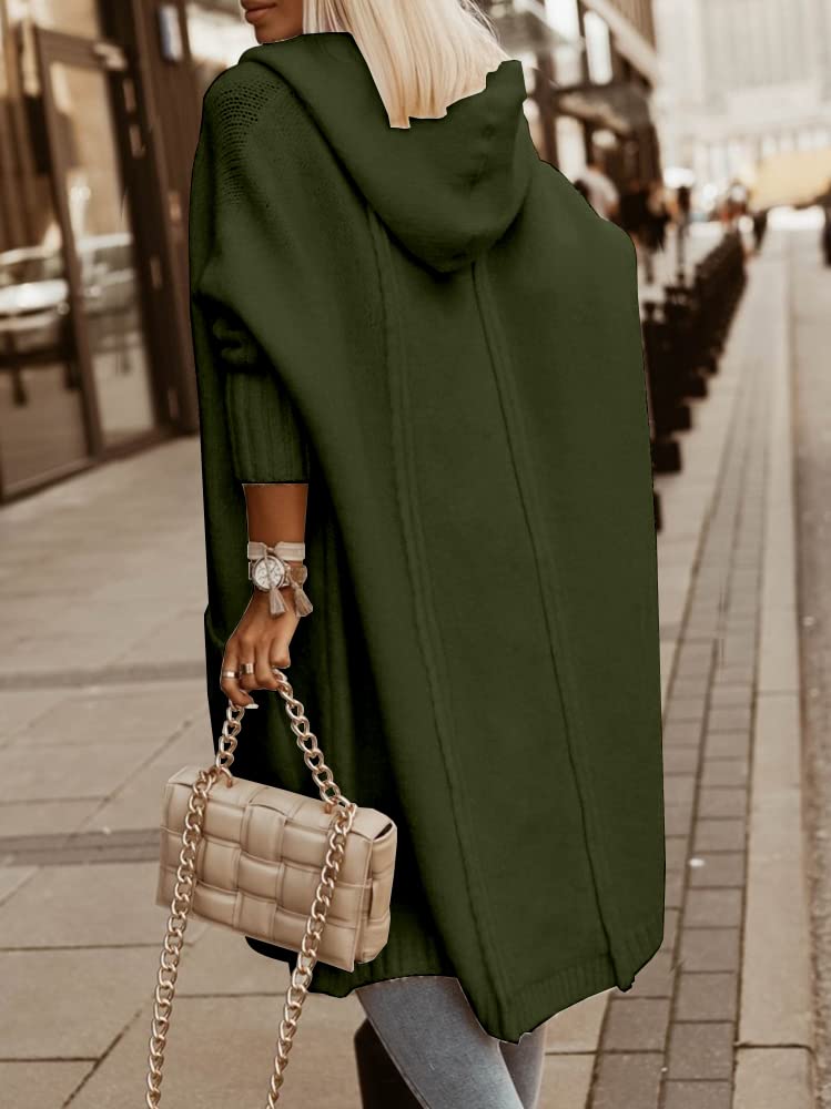 Aoysky Womens Long Cardigans Cable Knitted Open Front Oversized Hooded Outerwear Sweater Coat Army Green - Image 3
