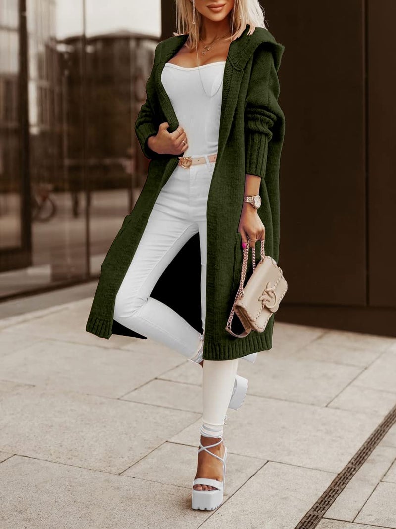 Aoysky Womens Long Cardigans Cable Knitted Open Front Oversized Hooded Outerwear Sweater Coat Army Green - Image 4