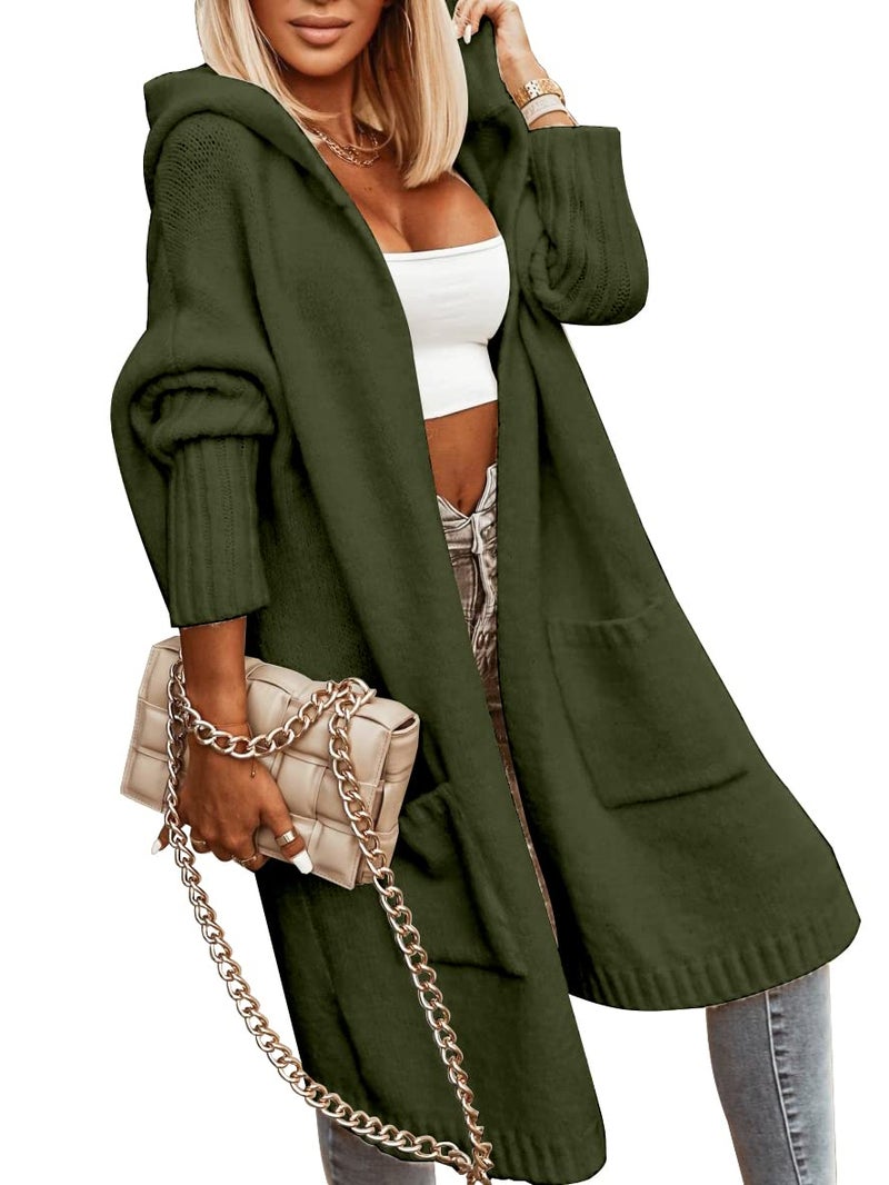 Aoysky Womens Long Cardigans Cable Knitted Open Front Oversized Hooded Outerwear Sweater Coat Army Green - Image 1