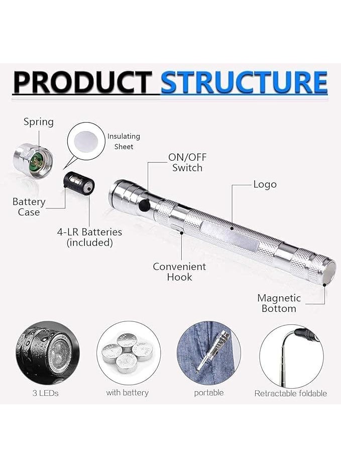 Openja Openja 360 Flexible Extendible Head 3 LED Torch with Scratch Resistant Diamond Body Magnetized Head Base Telescoping Flashlight Magnetic Pick Up Tool Lamp Pen Light  - Image 4
