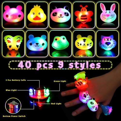 SCIONE 40 Pack Light up Rings Birthday Party Favors for Kids Goodie Bag Stuffers Glow in the Dark Halloween Party Supplies Classroom Prizes Cute Animal Treasure Box for Kids - Image 5