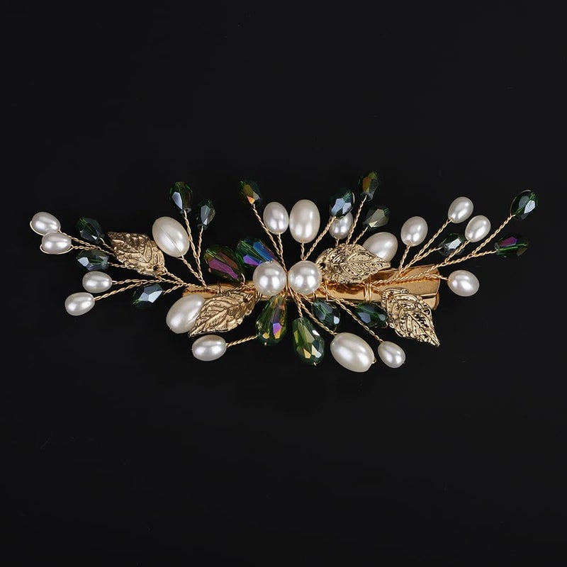 BERYUAN Pearls Green Crystal Leaves Hair Clips Crystal Rhinestone Pearls Hairpiece Wedding Leaves Rhinestone Pearls Comb Clips Wedding Bridal Hair Clips for Wedding Women Girls green