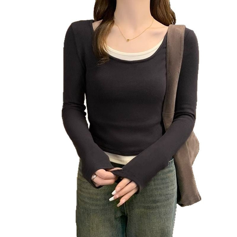 Design Sense Fake Two-Piece Color Matching Long-Sleeved T-Shirt Women'S Early Spring Slim-Fit Pure Desire Top With Base Shirt - Image 5