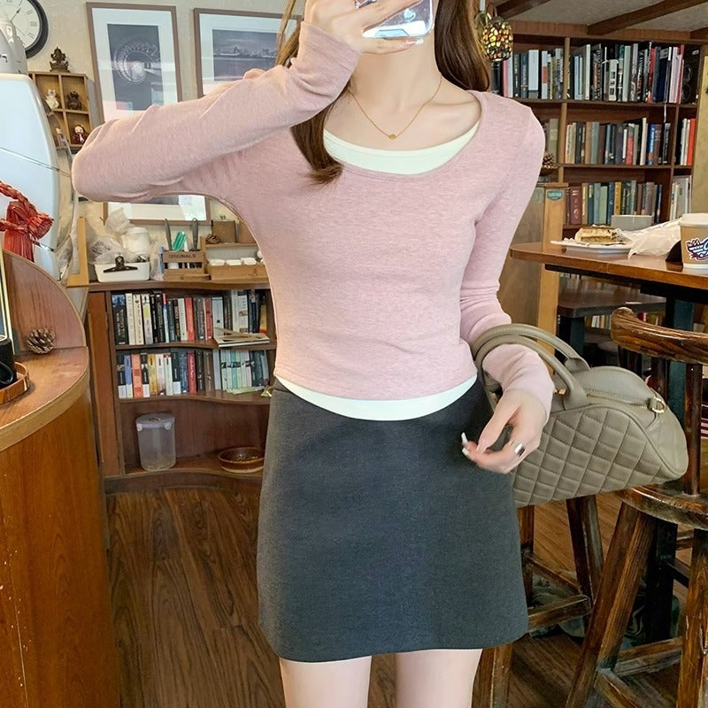 Design Sense Fake Two-Piece Color Matching Long-Sleeved T-Shirt Women'S Early Spring Slim-Fit Pure Desire Top With Base Shirt - Image 4