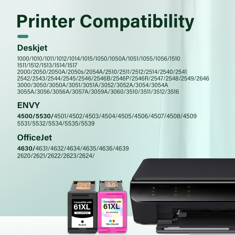 Cool Toner 61XL 61 4500 5530 Ink Cartridge for HP Printers Replacement for HP61 Ink 61 XL Black and Color Combo Pack for Envy 4500 5530 4502 OfficeJet 4630 DeskJet 2540 Printer (1 Black, 1 Tri-Color, 2-Pack) - Image 2