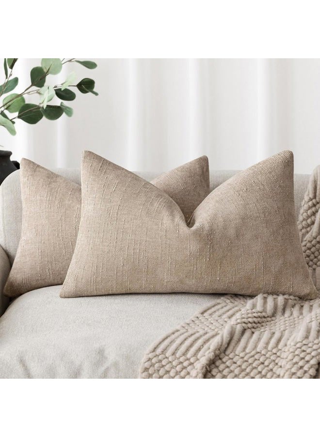 Foindtower Set of 2 Textured Chenille Throw Decorative Pillow Covers Square Accent Solid Cushion Cover Neutral Farmhouse Lumbar Pillow Case for Couch Sofa Bedroom Living Room 12x24 Inch,Cream Camel - Image 1